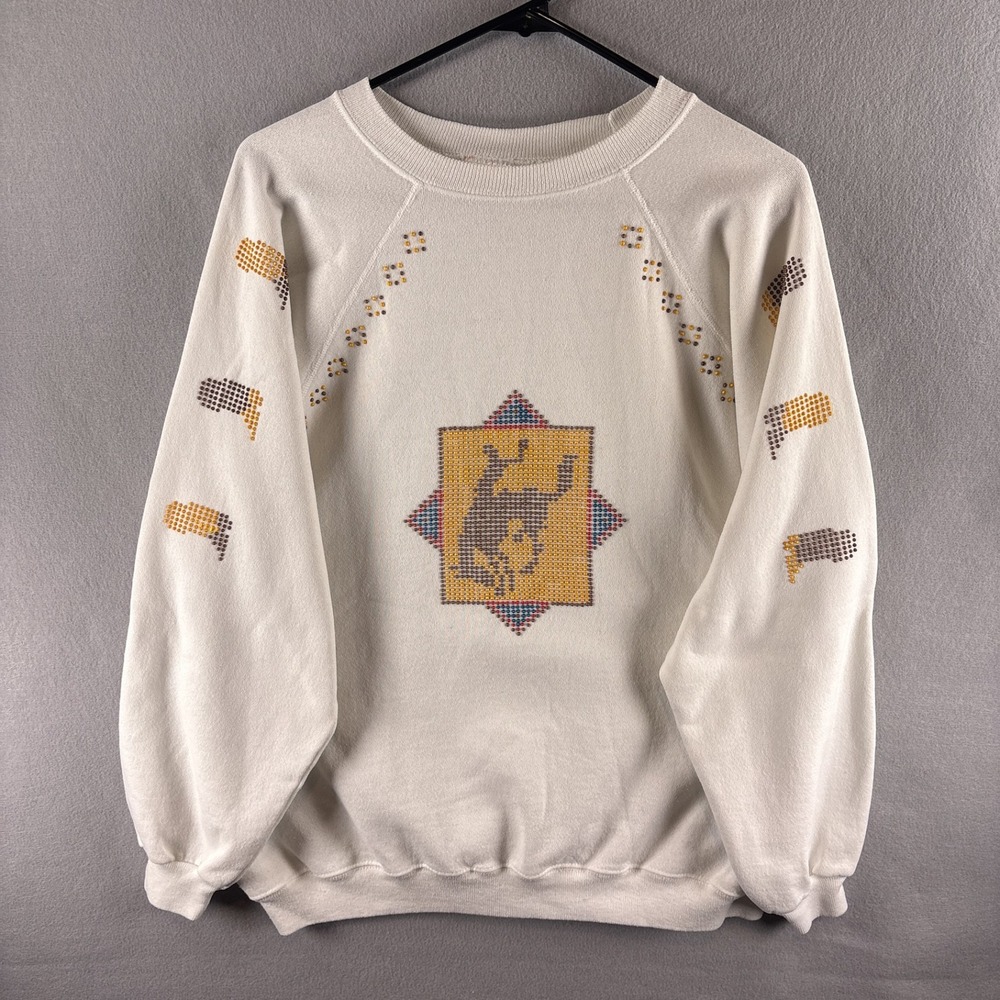 Vintage 80s Western Cowboy XL Crewneck Sweatshirt Bead Studded Rodeo Bronco USA